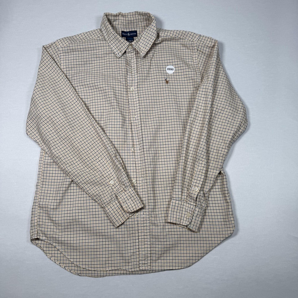 Ralph Lauren Shirt Boys 18-20 Beige‎ Check Button Up Long Sleeve Logo Casual